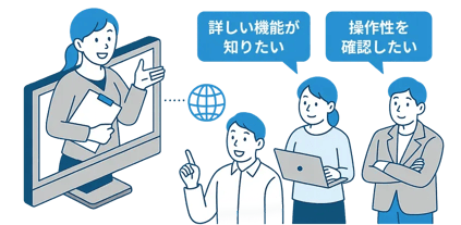 機能が知りたい、操作性を確認したいと質問している男女
