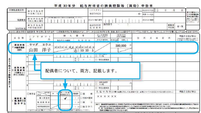 給与所得者本人の合計所得金額が900万円以下、配偶者の合計所得金額が38万円以下の場合の記入例