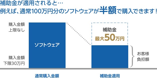 補助金が適用されると…例えば通常100万円分のソフトウェアが半額で購入できます!