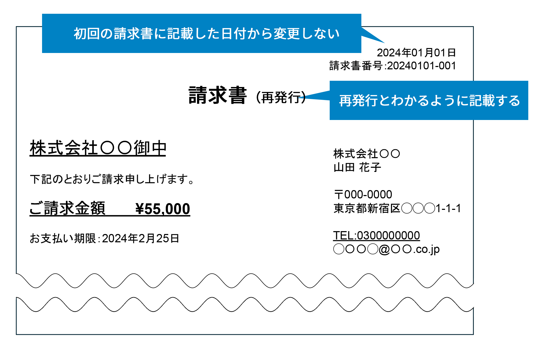 再発行した請求書の例