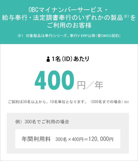 OBCサービス・給与奉行・法定調書奉行のいずれかの製品をご利用のお客様 1名(ID)あたり400円/年