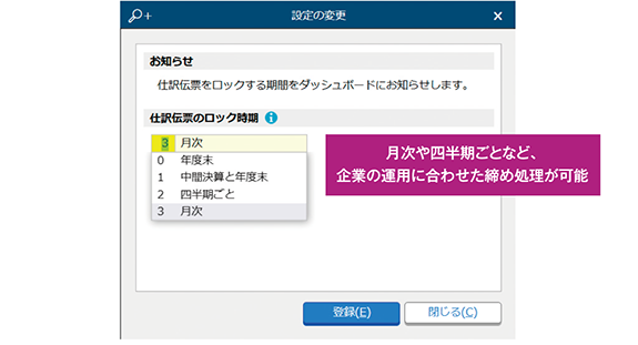 月次や四半期ごとなど、企業の運用に合わせた締め処理が可能