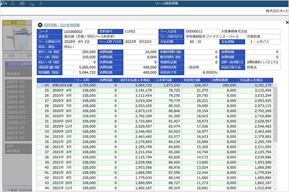 リース債務返済スケジュール画面