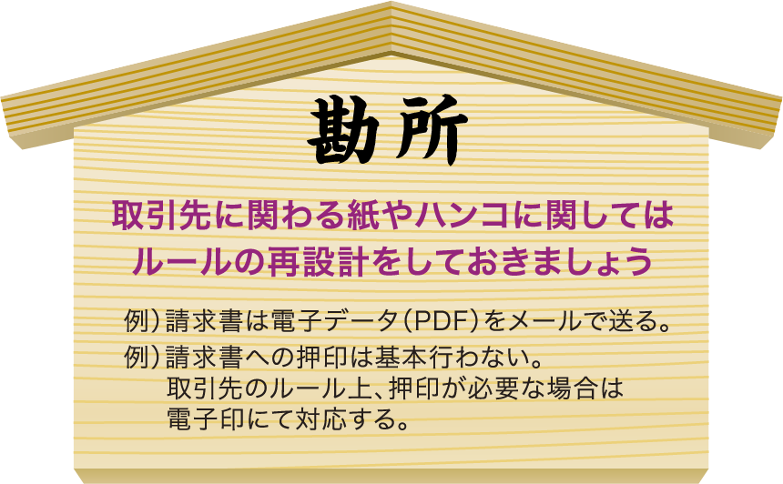 勘所 取引先に関わる紙やハンコに関してはルールの再設計をしておきましょう 例）請求書は電子データ（PDF）をメールで送る。 例）請求書への押印は基本行わない。取引先のルール上、押印が必要な場合は電子印にて対応する。