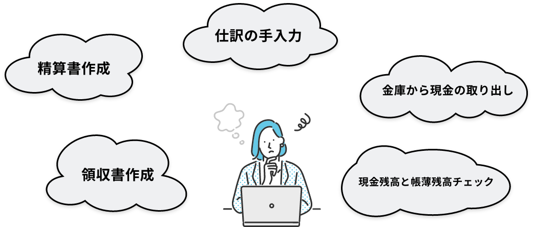 精算書作成,仕訳の手入力,金庫から現金の取り出し,領収書作成,現金残高と帳薄残高チェック