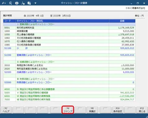 例）勘定奉行クラウド[キャッシュ・フロー計算書]