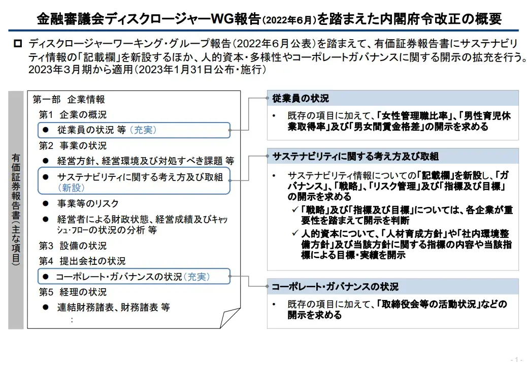金融審議会ディスクロージャーWG報告(2022年6月)を踏まえた内閣府令改正の概要(金融庁)